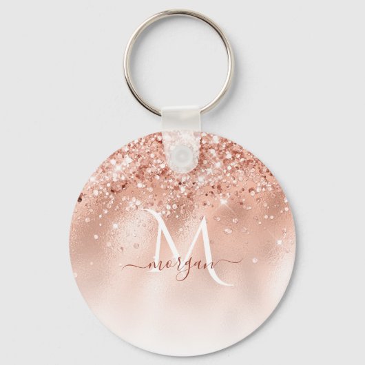 Glitter Peach Roos Gold Monogram Sleutelhanger (Voorkant)