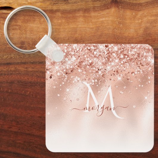 Glitter Peach Roos Gold Monogram Sleutelhanger (Voorkant)