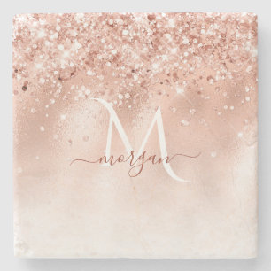 Glitter Peach Roos Gold Monogram Stenen Onderzetter