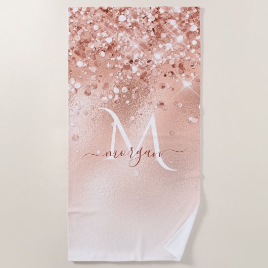 Glitter Peach Roos Gold Monogram Strandlaken (Voorkant)