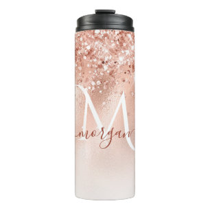 Glitter Peach Roos Gold Monogram Thermosbeker