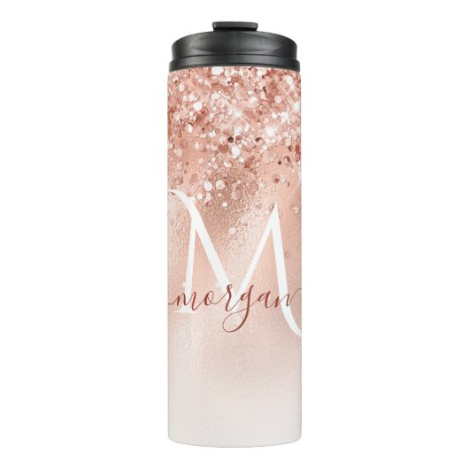 Glitter Peach Roos Gold Monogram Thermosbeker (Voorkant)