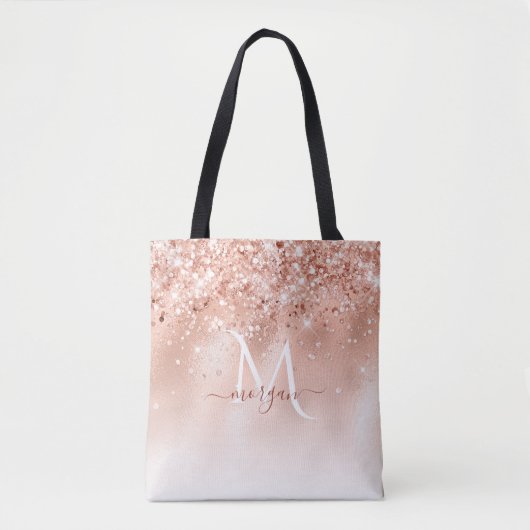 Glitter Peach Roos Gold Monogram Tote Bag (Voorkant)