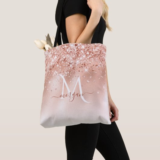 Glitter Peach Roos Gold Monogram Tote Bag (Dichtbij)