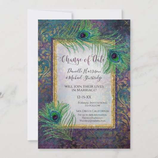 Glitter Peacock Feather Paars Fotodatum Save The Date (Voorkant)