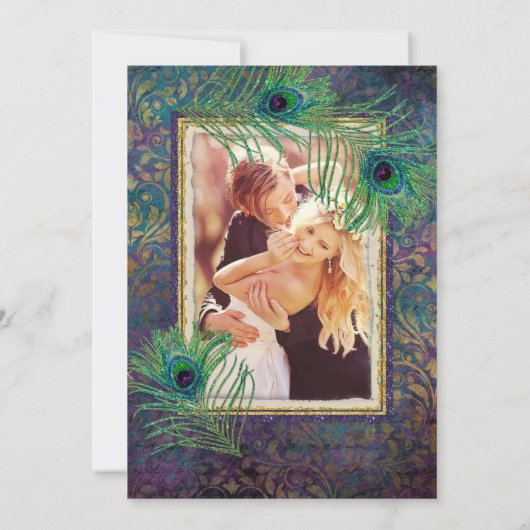 Glitter Peacock Feather Paars Fotodatum Save The Date (Achterkant)