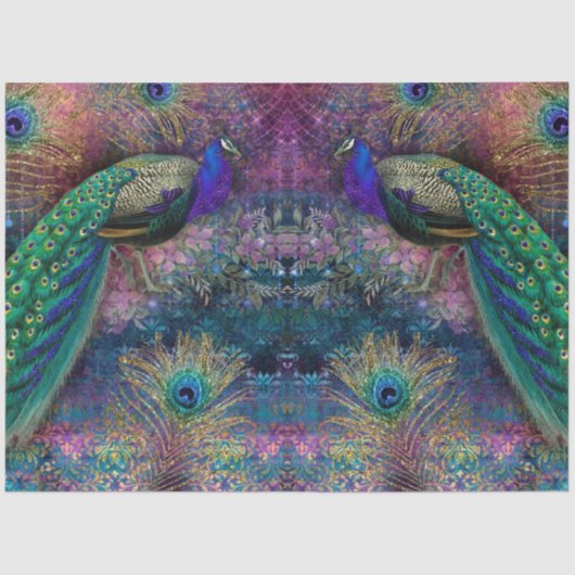 Glitter Peacocks Elegant Feathers Pink Decoupage Tissuepapier (Voorkant)