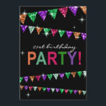 Glitter Pennant Flags 21st Birthday Celebration Kaart<br><div class="desc">Een leuke, feestelijke, trendy, stijlvolle, glam "Glitter* Pennant Flags"-uitnodiging voor een geweldige 21ste verjaardag van de verjaardag van de verjaardag! Gebruik de oranje knop "Aanpassen" om je eigen tekst toe te voegen. Als u hulp nodig hebt die deze uitnodiging aanpast of andere producten met dit kunstwerk wilt, contacteer me: cheryl@cheryldanielsart.com....</div>