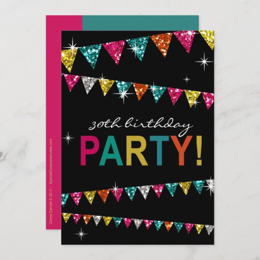 Glitter Pennant Flags 30th Birthday Celebration Kaart (Voorkant / Achterkant)