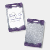 Glitter Personalized Paars Silver 21st Birthday Badge (Voor- en achterkant)