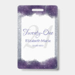 Glitter Personalized Paars Silver 21st Birthday Badge<br><div class="desc">Elegant 21ste verjaardagsbadge met persoonlijke naam en datum voor uw viering. Zilverglitter en paarse waterverf met glans. Mooie typografie.</div>