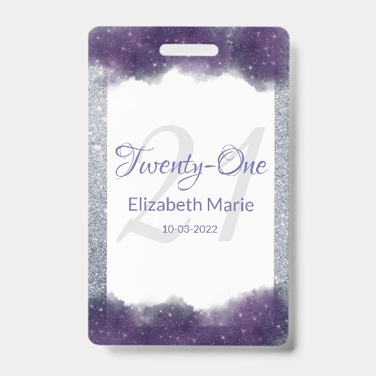 Glitter Personalized Paars Silver 21st Birthday Badge (Voorzijde)