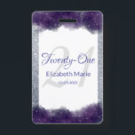 Glitter Personalized Paars Silver 21st Birthday Badge<br><div class="desc">Elegant 21ste verjaardagsbadge met persoonlijke naam en datum voor uw viering. Zilverglitter en paarse waterverf met glans. Mooie typografie.</div>