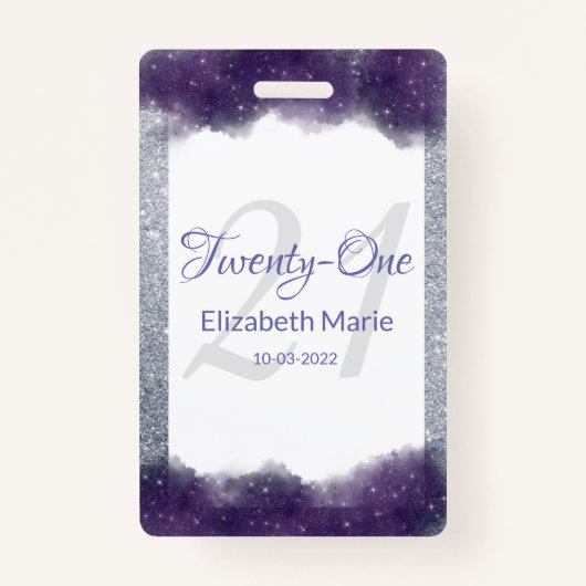 Glitter Personalized Paars Silver 21st Birthday Badge (Voorkant)