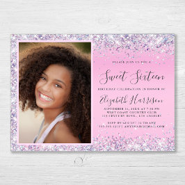 Glitter Photo Pink Sweet 16 Birthday Party Kaart