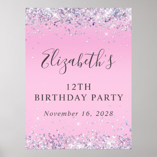 Glitter Pink 12th Birthday Party Poster (Voorkant)