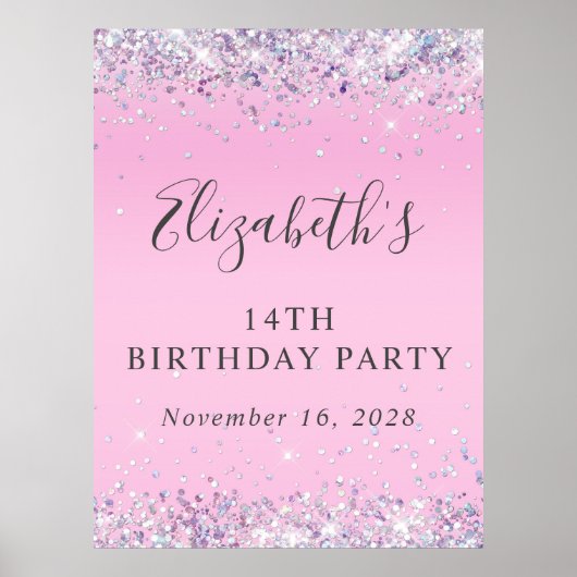 Glitter Pink 14th Birthday Party Poster (Voorkant)