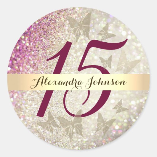 Glitter Pink 15th Birthday Ronde Sticker (Voorkant)