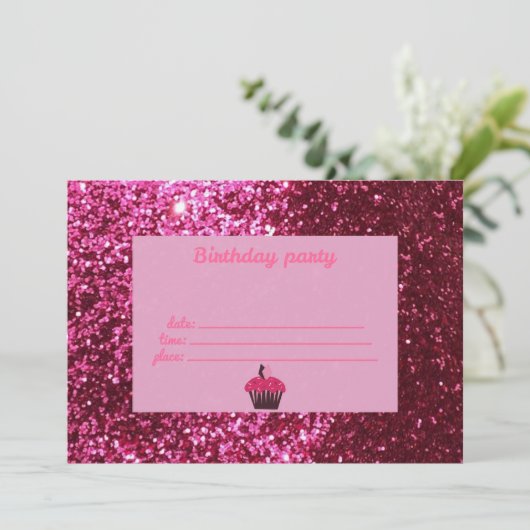 Glitter Pink Birthday Invitations Kaart (Staand voorkant)