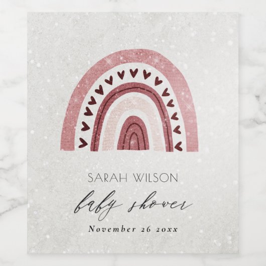 GLITTER PINK BLUSH HEART RAINBOW BABY SHOWER CUTE  WIJN ETIKET (Enkel label)