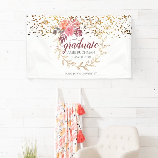 Glitter Pink Blush Marsala Floral Afstuderen Spandoek (Insitu)
