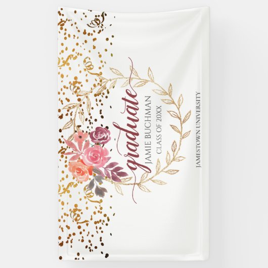 Glitter Pink Blush Marsala Floral Afstuderen Spandoek (Verticaal)