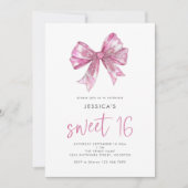 Glitter PInk Bow Sweet 16 Verjaardagsfeestje Kaart (Voorkant)