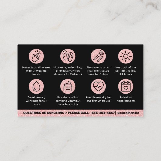 Glitter Pink Brows Nazorg PMU Brow Instructions Visitekaartje (Achterkant)