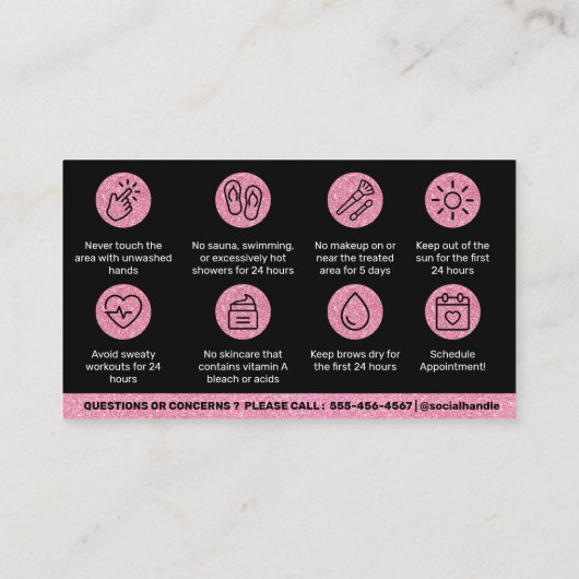 Glitter Pink Brows Nazorg PMU Brow Instructions Visitekaartje (Achterkant)