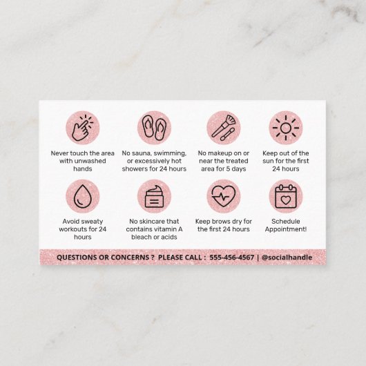 Glitter Pink Brows Nazorg PMU Brow Instructions Visitekaartje (Achterkant)