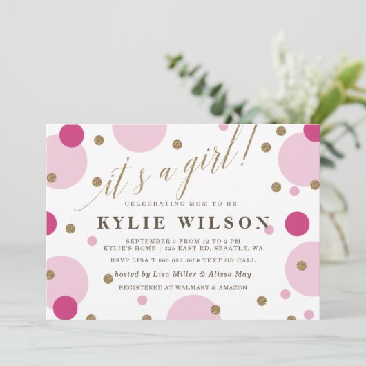 Glitter Pink Confetti is een meisje Baby shower Kaart (Staand voorkant)