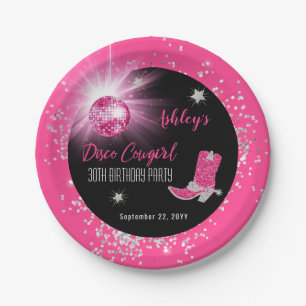 Glitter Pink Disco Cowgirl 30e verjaardag Party Papieren Bordje