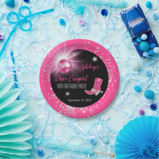 Glitter Pink Disco Cowgirl 40e verjaardag Party Papieren Bordje (Feest)