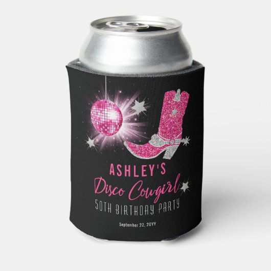 Glitter Pink Disco Cowgirl 50ste verjaardag Party Blikjeskoeler (Blikje Achterkant)