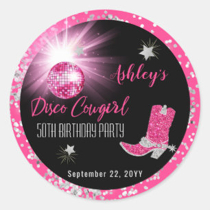 Glitter Pink Disco Cowgirl 50ste verjaardag Party Ronde Sticker