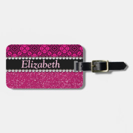 Glitter Pink en Black Pattern Rhinestones Bagagelabel