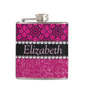 Glitter Pink en Black Pattern Rhinestones Heupfles (Voorkant)