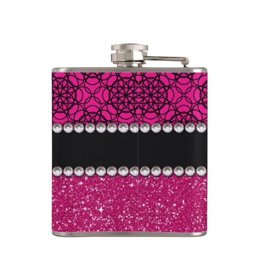 Glitter Pink en Black Pattern Rhinestones Heupfles (Achterkant)