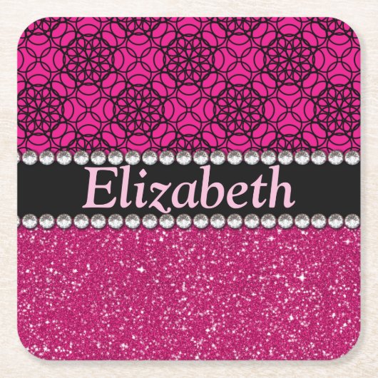 Glitter Pink en Black Pattern Rhinestones Kartonnen Onderzetters (Voorkant)