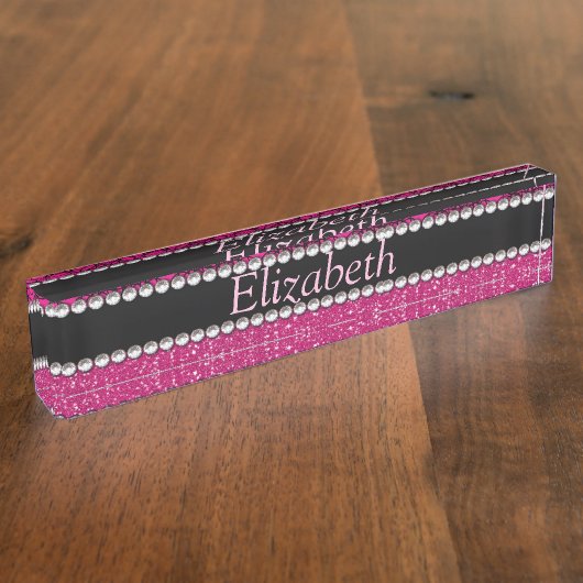 Glitter Pink en Black Pattern Rhinestones Naambordje (Zijkant)