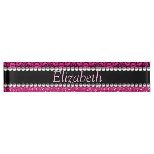 Glitter Pink en Black Pattern Rhinestones Naambordje (Voorkant)