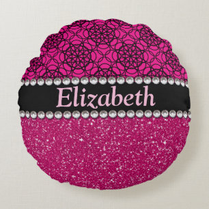 Glitter Pink en Black Pattern Rhinestones Rond Kussen