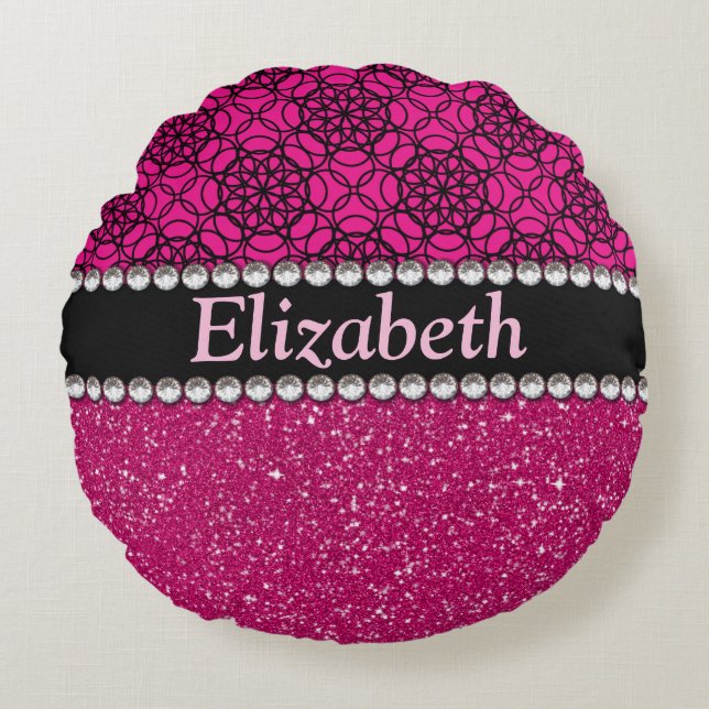 Glitter Pink en Black Pattern Rhinestones Rond Kussen (Voorkant)