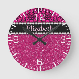 Glitter Pink en Black Pattern Rhinestones Ronde Klok