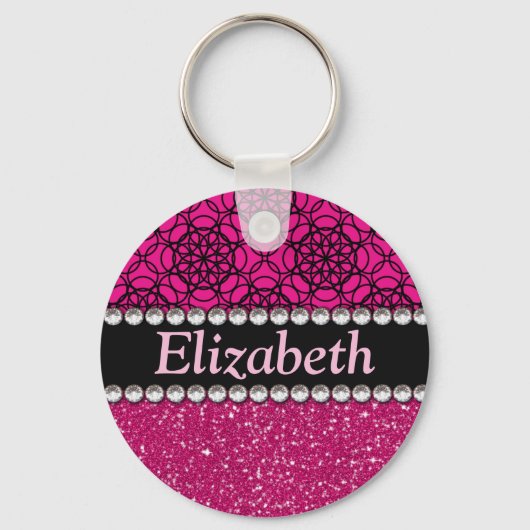 Glitter Pink en Black Pattern Rhinestones Sleutelhanger (Voorkant)