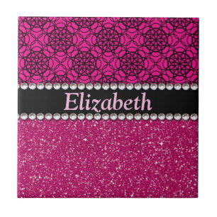Glitter Pink en Black Pattern Rhinestones Tegeltje