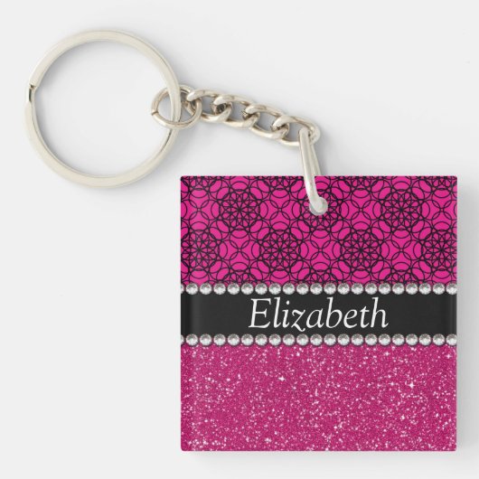 Glitter Pink en Black Pern Rhinestones Sleutelhanger (Voorkant)