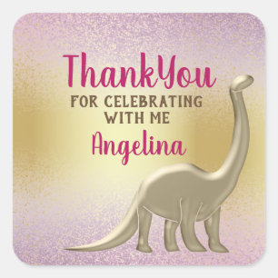 Glitter Pink en Gold Dinosaur Birthday Hartelijk d Vierkante Sticker