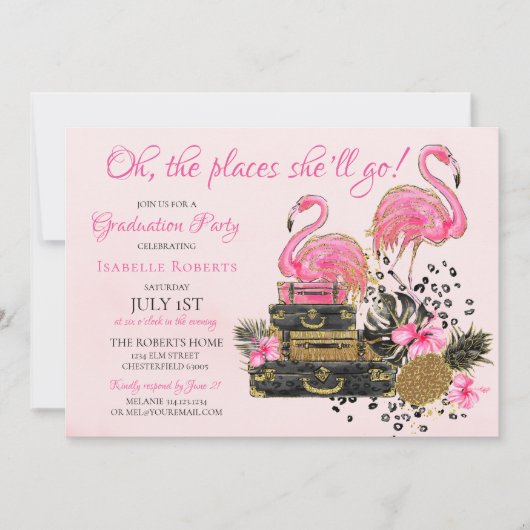Glitter Pink Flamingo Cheetah Afstudeerfeest Kaart (Voorkant)