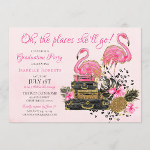 Glitter Pink Flamingo Cheetah Graduation Party Kaart